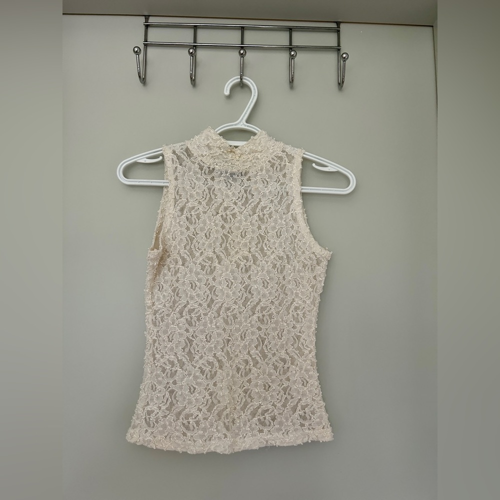 Vintage • Ivory Lace Mock Neck Sleeveless Top • Sheer Floral Lace ✨ Size XS/S